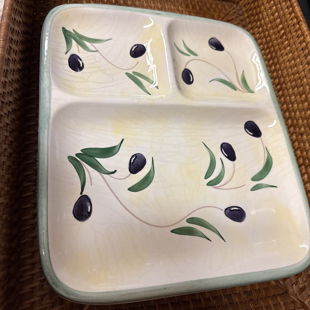 The Cellar "Olive Accents" Porcelain 3 Part Relish Dish Made In Italy - Picture 3 of 14